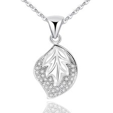 Sparkle 925 Sterling Silver Leaf CZ Gemstone Pendant Necklace Women Girl Gift UK