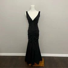 Vintage Caché Dress Maxi Mermaid Bodycon Plunge Neck Ruched Tulle Lined Black