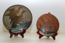 Coupes émaillées sur laiton décor d'envol de canards et libellule