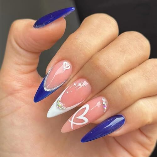 Dark Blue Press on Nails Medium Almond Cute French Fake Nails