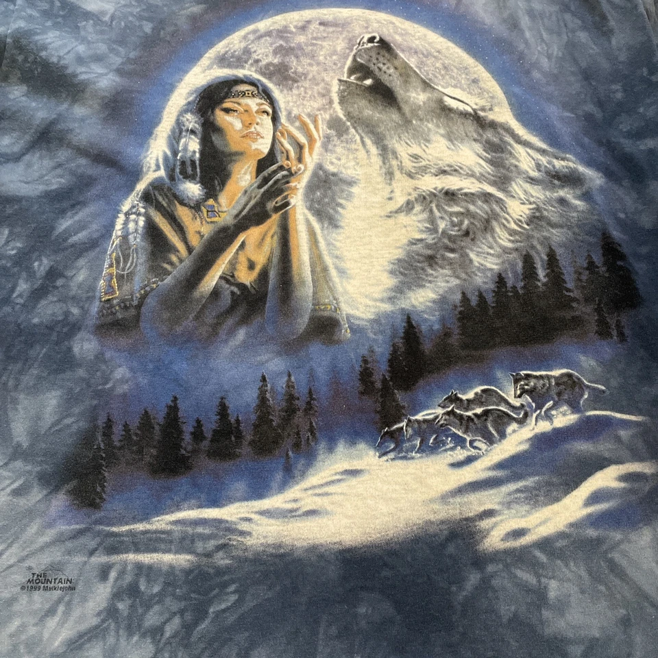 The Mountain Native American Woman Wolf Pack Shirt Blue Size XL Vintage 90’s - Image 2 of 4