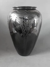 Antique Steuben "Medievil" Art Deco Black glass vase, 12 inches