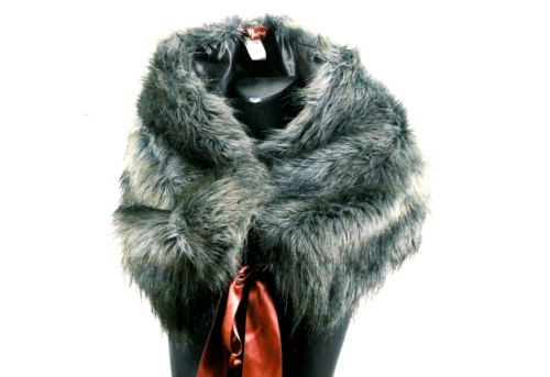 MONSOON Woman Versatile Accessory Stole Faux Fur Grey/Green Lacing Red Satin tgU - Zdjęcie 1 z 6