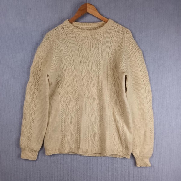 Hand Made Cable Knit Wool Cream Long Sleeve Thick Warm Unisex Jumper Size M