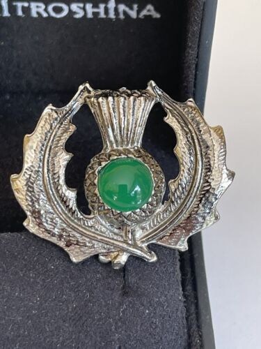Scottish Silver Plated Green Cabochon Stone Set Thistle Brooch or Scarf/Kilt Pin - Picture 1 of 5