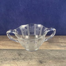 Double Handled Clear Glass Sugar Bowl Etched Flower Leaves 6.5"L x 4"W x 2.75"H