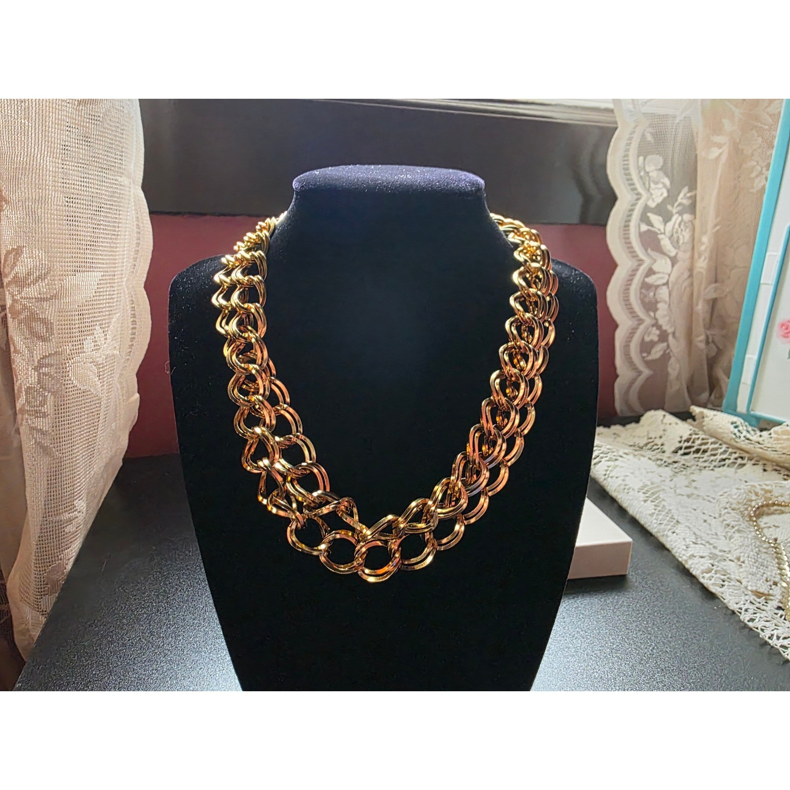 Vintage gold tone chunky double link chain necklace with statement hook clasp