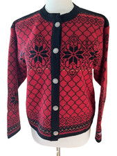 Norsk Wear Nordic Fair Isle Cardigan Sweater 100 Wool Dk. Red /Blk Women's SM