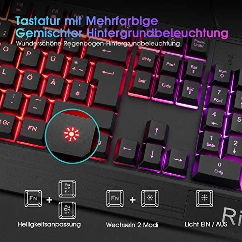 RGB Regenbogen-Beleuchtung | Wasserdichtes Gaming-Set | QWERTZ-Layout - Bild 3 von 4