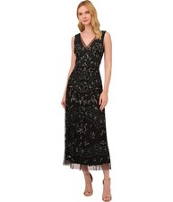 Adrianna Papell Womens Beaded V Neck Party Gown Dress
