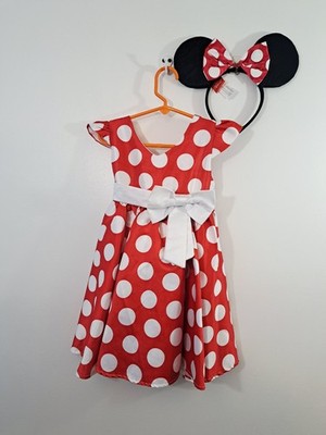 Dream High Girls Red White Polka-dot Dress Size 3 With Minnie Mouse Ear Headband