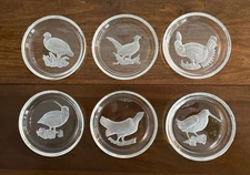 6 Val St Lambert Crystal Intaglio Cut Glass Coasters Game Bird Set PRISTINE!