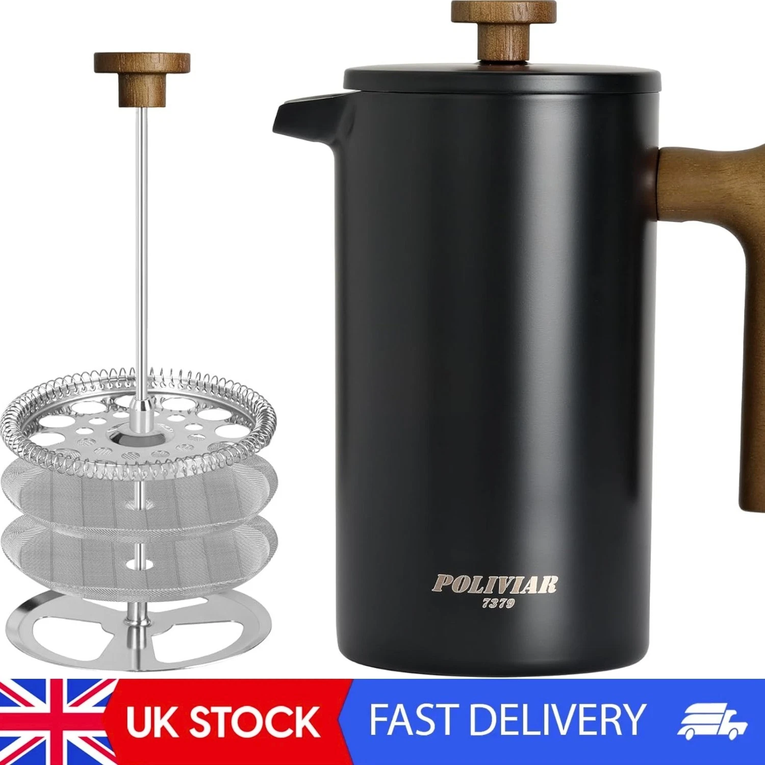 POLIVIAR Cafetiere 8 Cup, French Press Coffee Maker With Wood Handle, Double