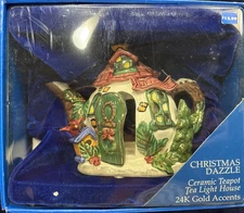 Christmas Dazzle Ceramic Tea Light House 24K Gold Accents Handpainted Kmart VTG