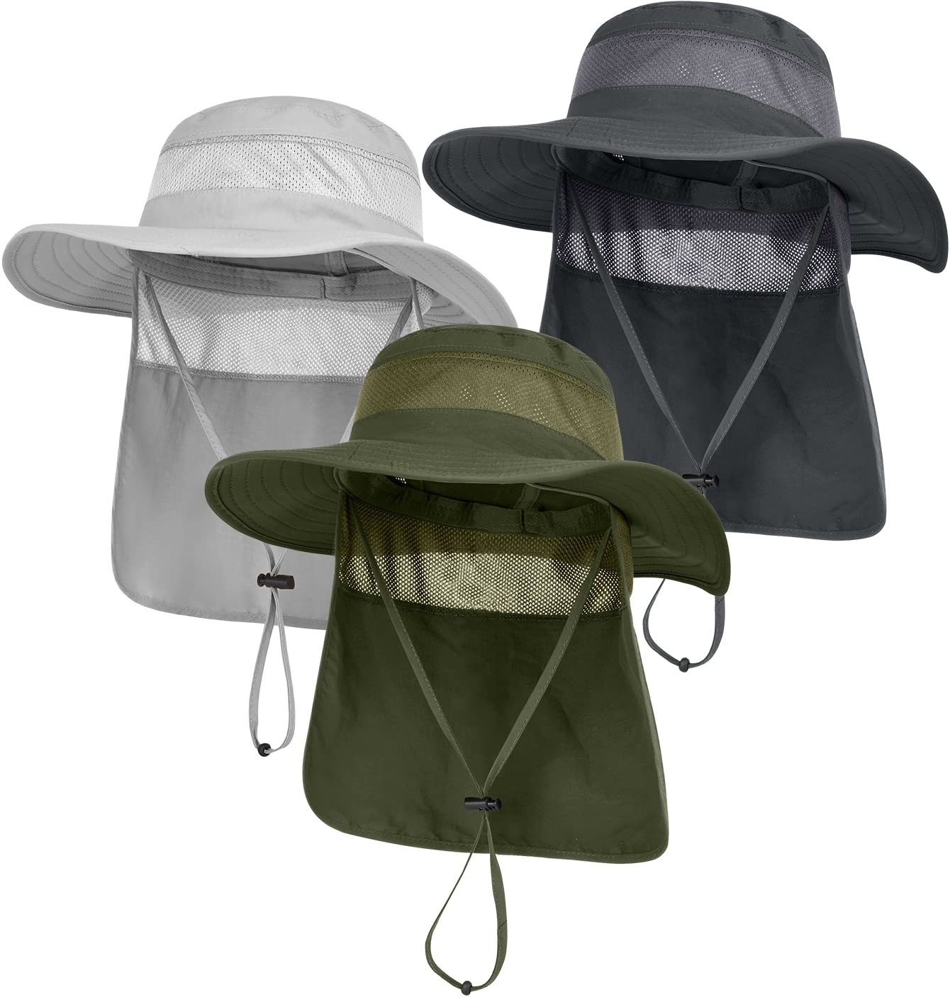 3 Pack UPF 50+ Wide Brim Sun Hat for Men with Neck Flap - Fishing Hiking Gardening Outdoor