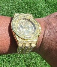 Men s Luxury Gold Plated Quartz Watch Triple Dial Rhinestone Analog Wristwatch