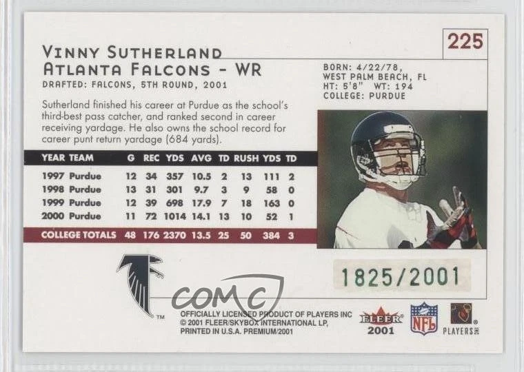 2001 Fleer Premium Premium Rookies /2001 Vinny Sutherland #225 Rookie RC - Image 2 of 2