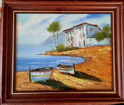 Gerahmtes Original Ölgemälde griechische Küstenlandschaft mit Booten, Künstler signiert