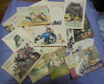 Set of 16 LARGE Victorian/Vintage/Primitive-KITTEN/CAT Birthday postcard images
