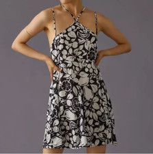 By Anthropologie Strappy Black & White Fruit Sheer Mini Dress | Small S NWOT