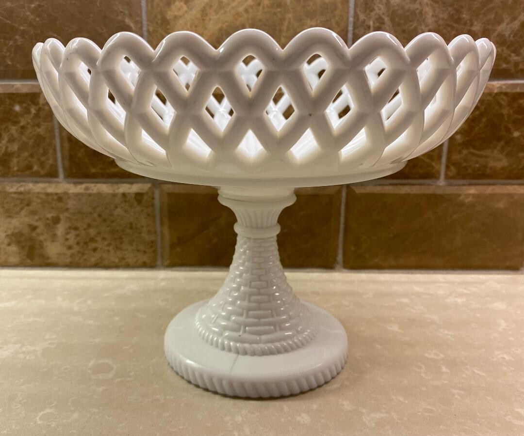 Vintage Atterbury White Milk Glass Compote W/Lattice Rim & Basket Weave Pedestal