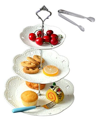 3-Tier White Porcelain Cupcake Stand with Silver Accents-image