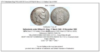 1874 Netherlands King WILLIAM III Crown ANTIQUE Silver 2 1/2