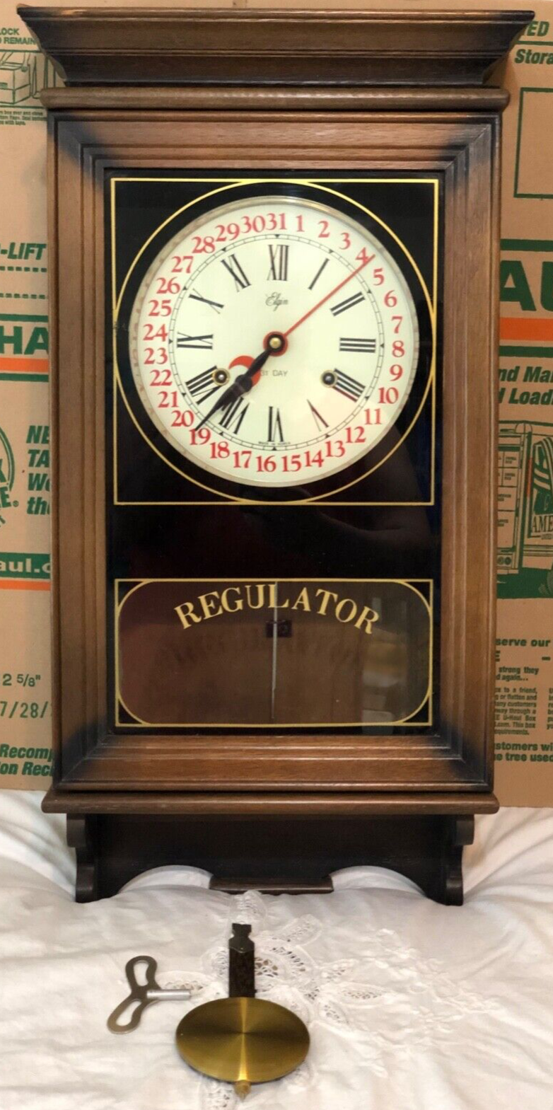 ELGIN WALL CLOCK REGULATOR 31 DAY CALENDAR/PENDULUM & 1 KEY INCLUDED RESTORATION eBay