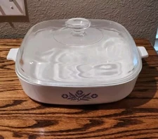 CORNING WARE - BLUE CORNFLOWER - P-16-B  11" CASSEROLE DISH & PYREX DOME LID