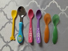 Lot of 6 Baby Toddler Plastic Spoons Colors Dishwasher Safe