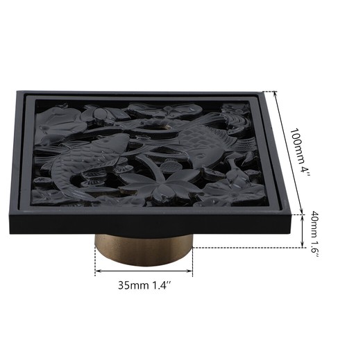Bagno scarico montaggio a pavimento quadrato nero 4"" ottone rifiuti doccia scarico acqua intagliato - Foto 3 di 10