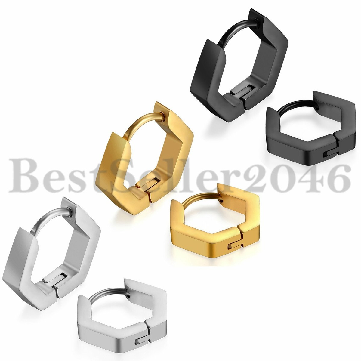 Gold Hoop Earrings Men 2pcs Stainless Steel Hexagon Geometry Mens Womens Hoop Huggie Ear Studs Earrings Gold Earrings Men - Foto 8