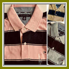 Tommy Hilfiger LOGO Men STRIPE POLO GRAY PINK KAHCHI/NAVY 100 cotton U PICK NEW