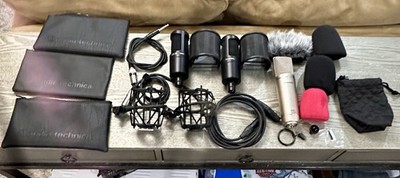 Lot of Assorted Microphones Audio Technica AT2020 Audio Nova Pop Filters XLR s ￼