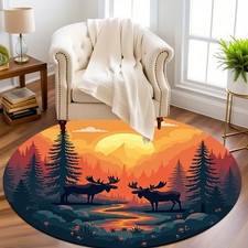 100cm 100cmMoose Forest Art Round Mat - Lightweight Non-Slip Machine Washable Po