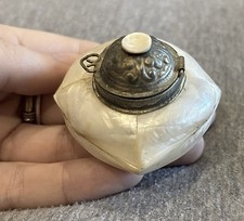 Rare Antique circa 1890&rsquo;s Mother of Pearl Inkwell with Bronze Hinged Cap