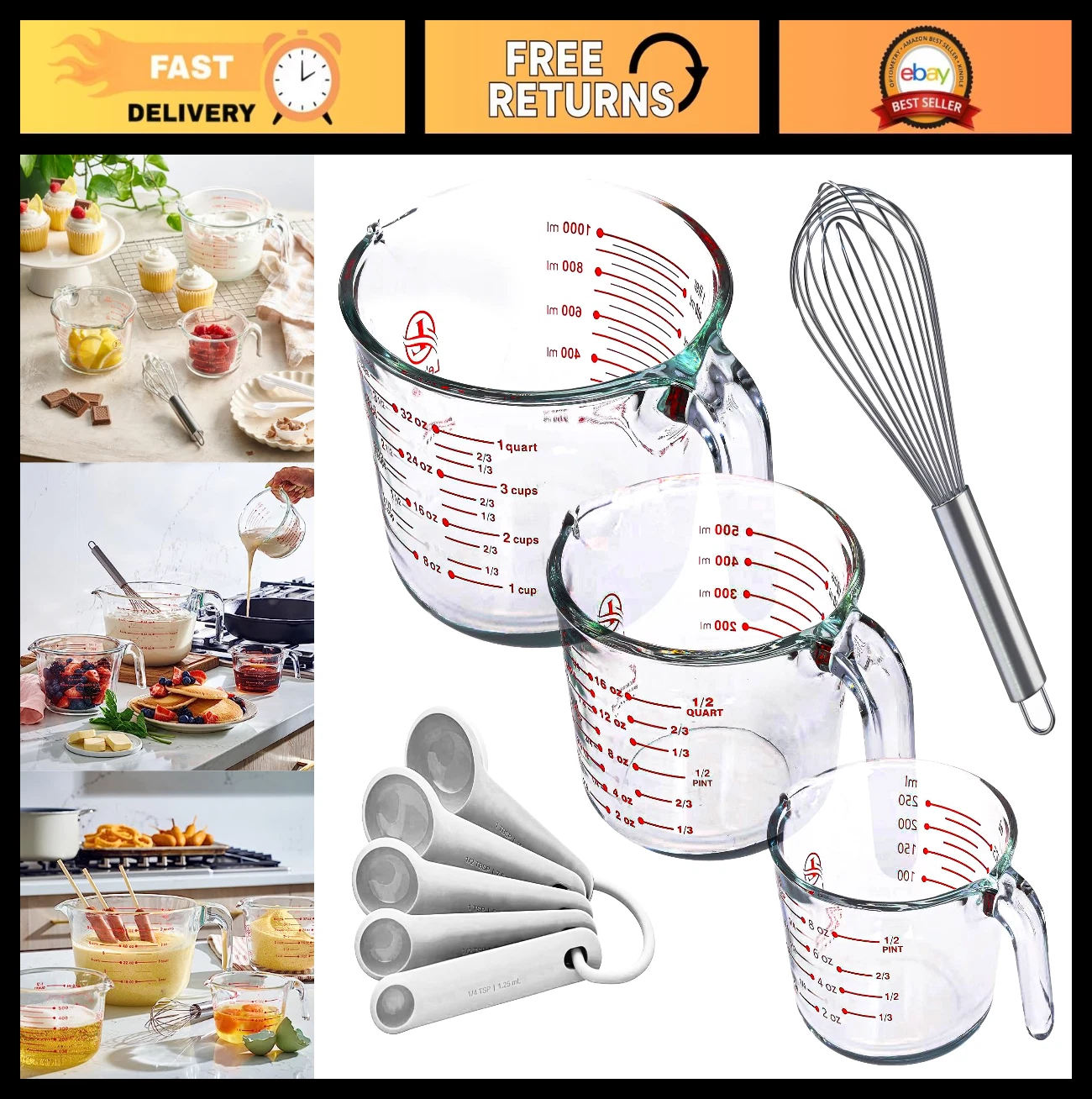 Set of 3 Glass Measuring Cups with Spoons & Whisk - Kitchen Bakeware, Liquid Mea