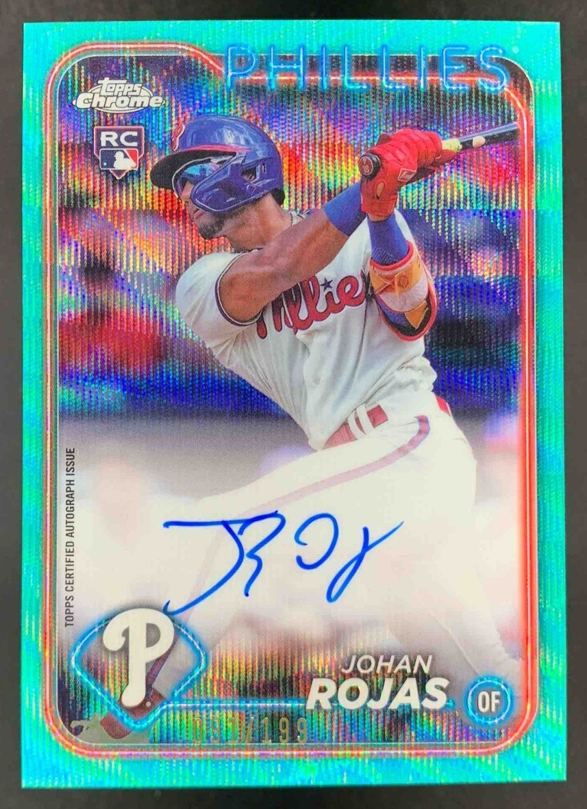 Johan Rojas 2024 Topps Chrome Update Auto Aqua Wave Refractor RC Phillies /199