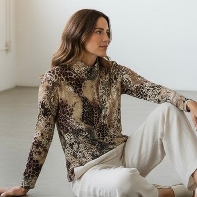 Cache animal artsy pattern knit high neck top size large Brown Gold Long Sleeve