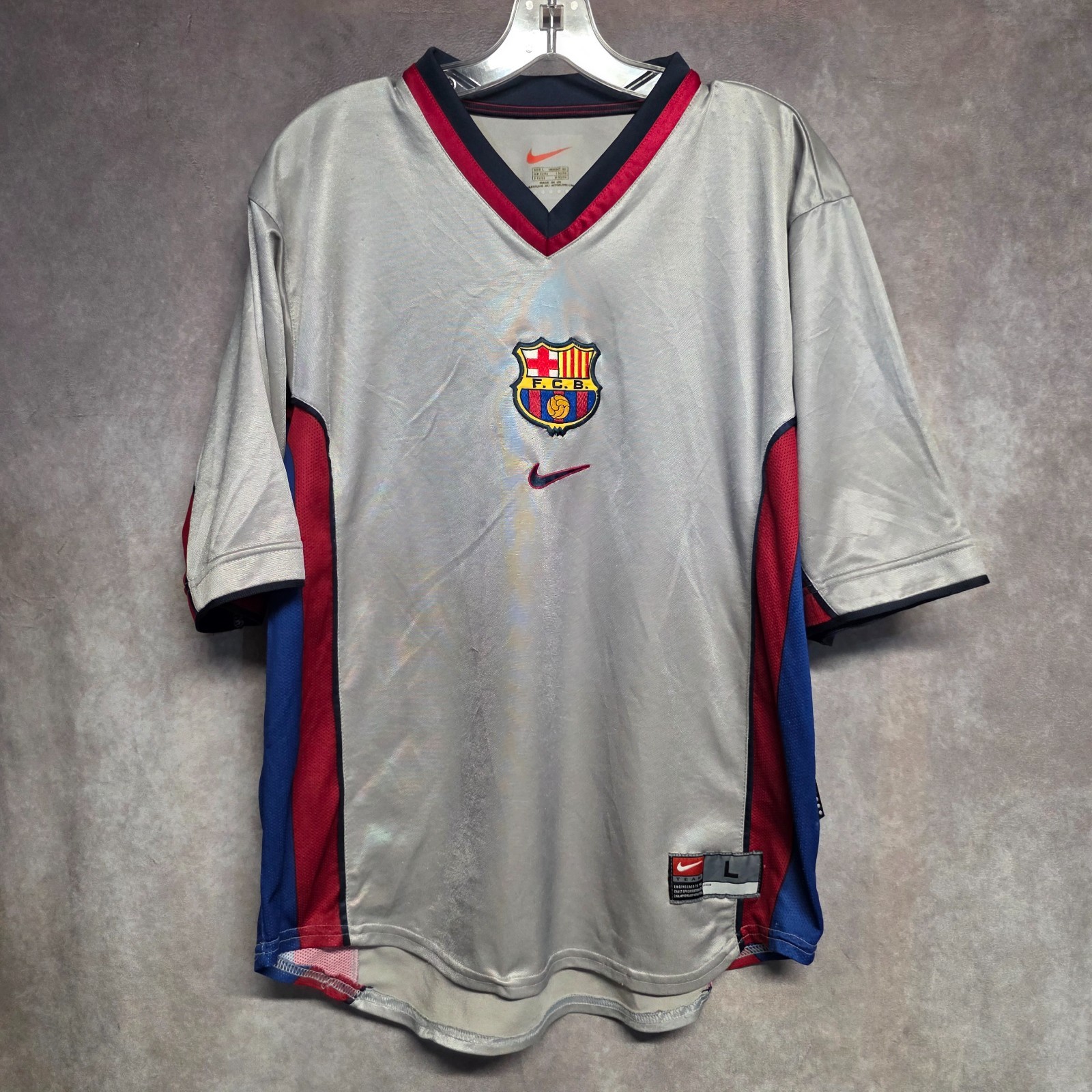 Rare Vintage Nike FC Barcelona  Silver Soccer Football Jersey Mens L UK