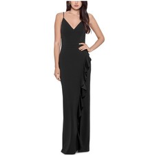 XSCAPE Women's Formal Dress Size 6 Black Ruffled Thigh Slit Long Column Gown