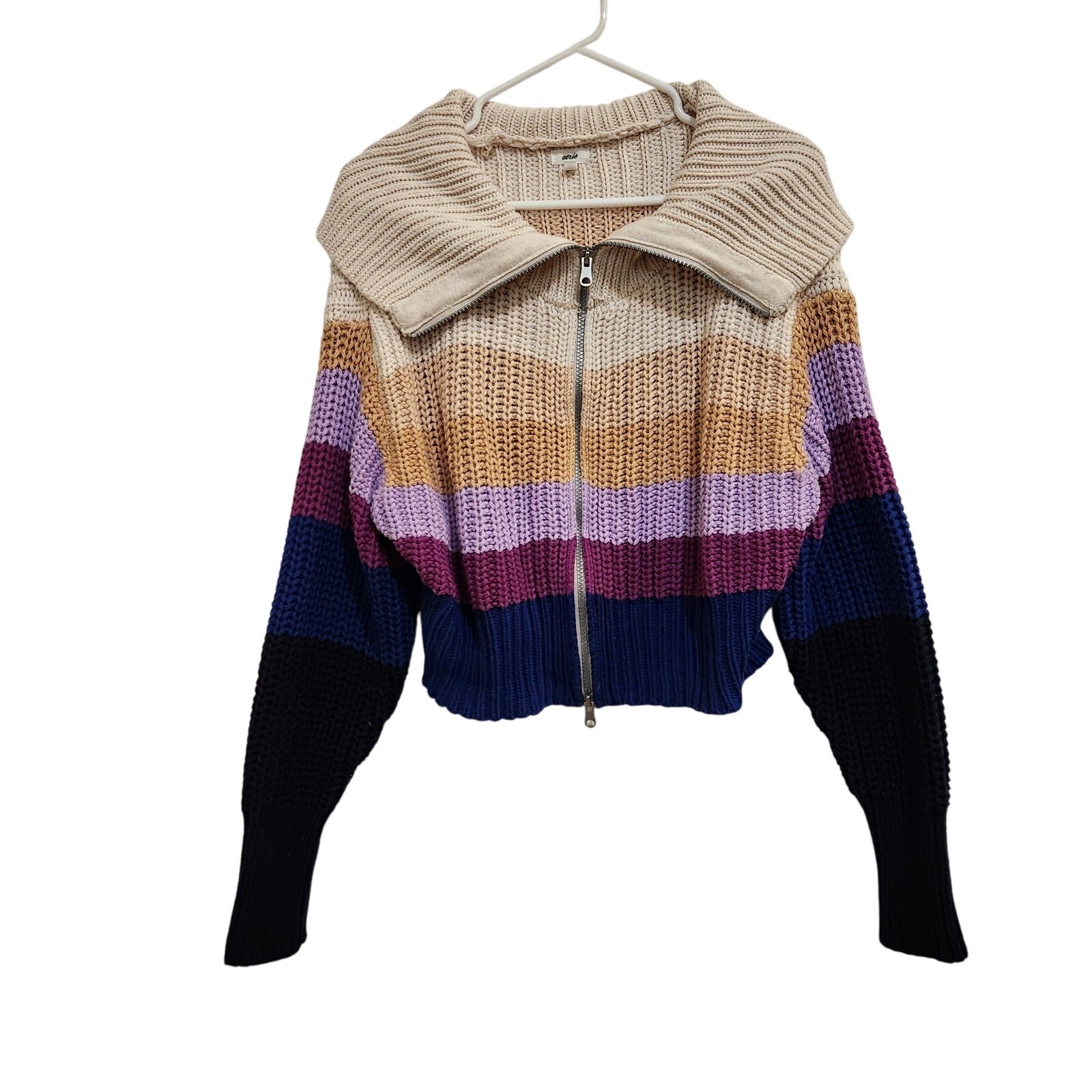 Aerie Mock Neck Multicolor Cozy Chunky Knit Double-Zip Cardigan Sweater Medium