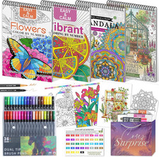 Color by Number Adult Coloring Book Set, 4 Books 36 Markers 2 Ways to Color 