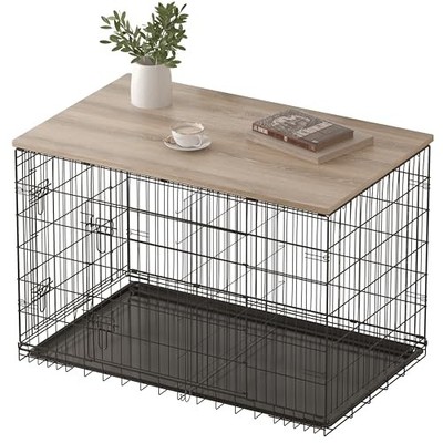 PISKYET DOG CRATE TOPPER WOOD COUNTERTOP FOR 48 42 36 30 24 INCH DOG CAGE- GREY