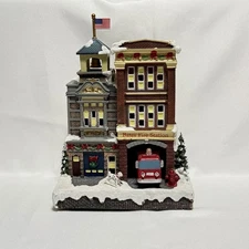 Animated Bates Fire Station Firetruck Lighted Musical Christmas Village READ