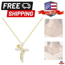 Gold Cross Necklace for Women Dainty Fashion 14K Gold Plated Zircon Rose Flow...