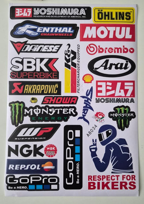 Motorbike Sticker Sheet A4 Graphics Decals Dainese K&N SBK Arai Akrapovic Shell