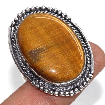 925 Silver Plated Tiger Eye Ring Handmade Gemstone Jewelry Size US 11 GW