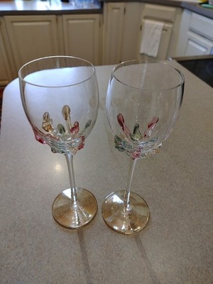 Signed Ion Tamaian Art Glass Goblets Pair Hand Blown Romanian Wine Glasses 10 In