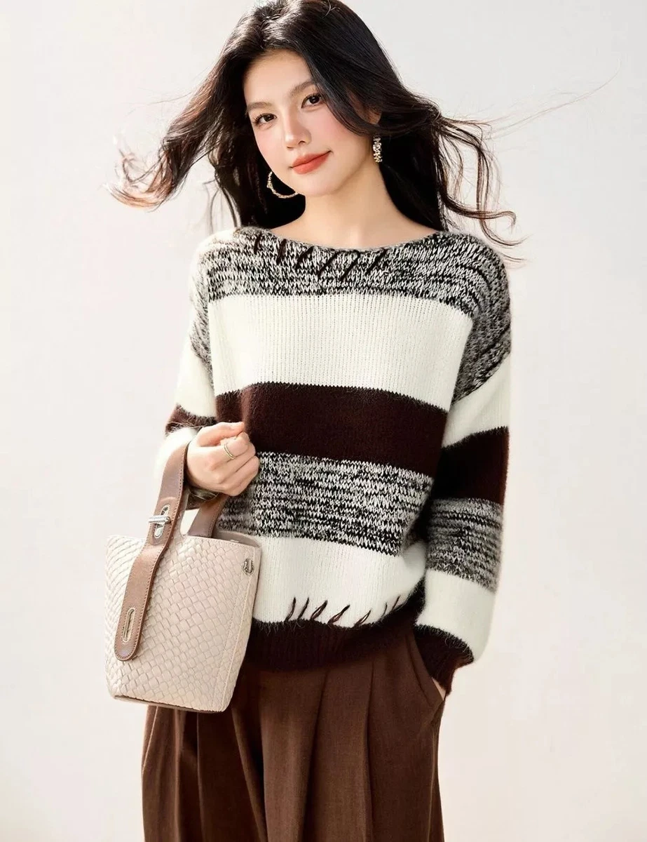 Hohololo Maglione Donna Con Colletto Rovesciato A Righe - Stile Vintage, Morbido E Caldo - Autunno Inverno
